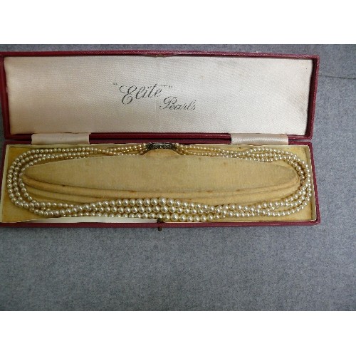 29 - A SET OF THREE ROWS OF PEARLS IN THEIR ORIGINAL BOX, ELITE PEARLS