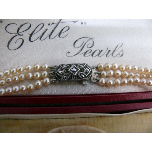 29 - A SET OF THREE ROWS OF PEARLS IN THEIR ORIGINAL BOX, ELITE PEARLS