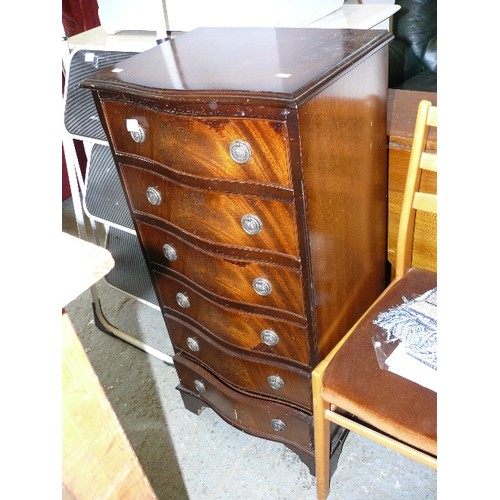 411 - BOW FRONT CHEST OF 6 DRAWERS WITH BRASS DROP RING HANDLES