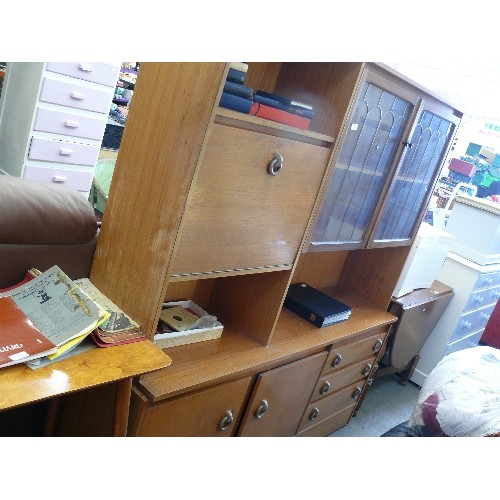 426 - VINTAGE TEAK DISPLAY CABINET WITH COCKTAIL CABINET, DRAWERS AND CUPBOARD STORAGE