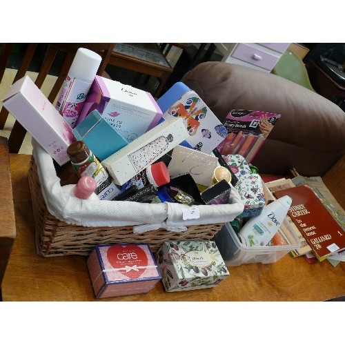 428 - WICKER BASKET  FULL OF TOILETRIES  INCLUDING NEW PRODUCTS PLUS A PLASTIC TUB WITH SIMILAR CONTENTS