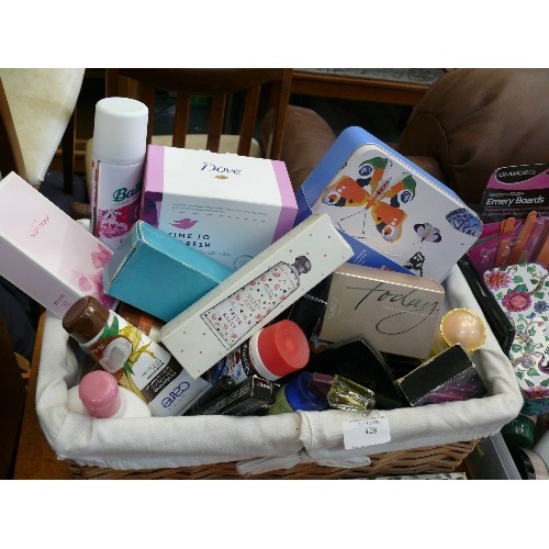 428 - WICKER BASKET  FULL OF TOILETRIES  INCLUDING NEW PRODUCTS PLUS A PLASTIC TUB WITH SIMILAR CONTENTS