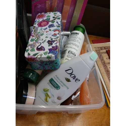 428 - WICKER BASKET  FULL OF TOILETRIES  INCLUDING NEW PRODUCTS PLUS A PLASTIC TUB WITH SIMILAR CONTENTS