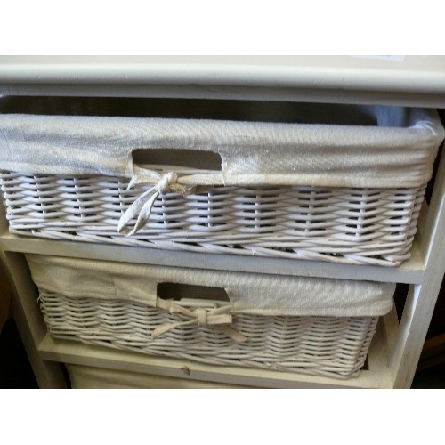 429 - WHITE STORAGE CHEST WITH  4 LINED WICKER DRAWERS