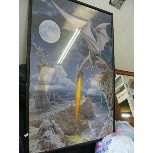 436 - DRAGON SPIT FIRE, LARGE FANTASY PRINT FRAMED AND GLAZED