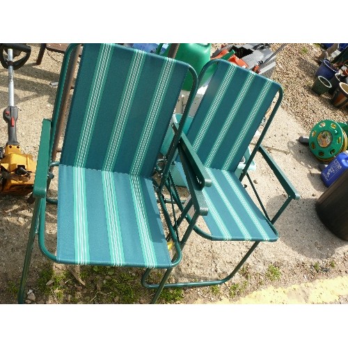 470 - 2 METAL FRAMED FOLDING GARDEN CHAIRS WITH GREEN STRIPED CANVAS SEATS AND BACK