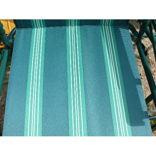 470 - 2 METAL FRAMED FOLDING GARDEN CHAIRS WITH GREEN STRIPED CANVAS SEATS AND BACK