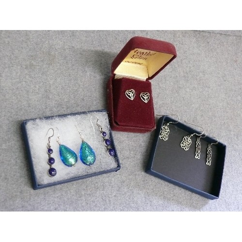 43 - INDIGO SILVER AND MURANO GLASS EARRINGS  PLUS FOUR OTHER PAIRS ALL SOLID SILVER, 1 PAIR SCOTTISH CEL... 