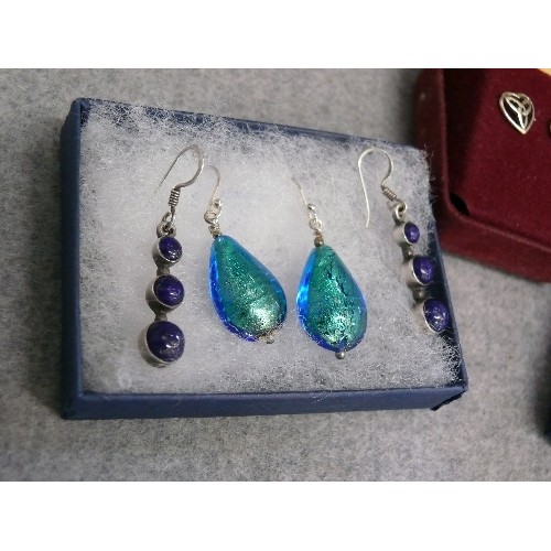 43 - INDIGO SILVER AND MURANO GLASS EARRINGS  PLUS FOUR OTHER PAIRS ALL SOLID SILVER, 1 PAIR SCOTTISH CEL... 