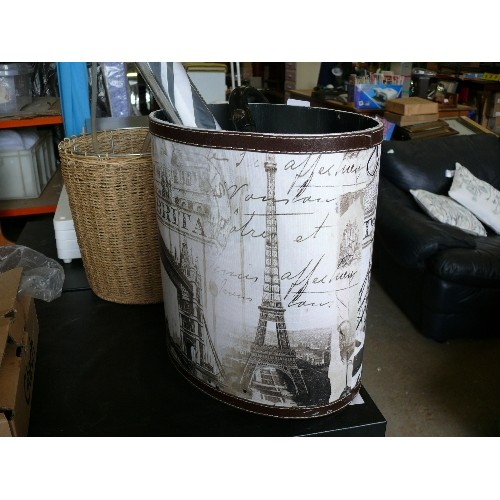 452 - LARGE OVAL WASTE BIN DEPICTING  EIFFEL TOWER, LONDON BRIDGE ETC. AND CONTENTS OF 3 UMBRELLAS AND A W... 