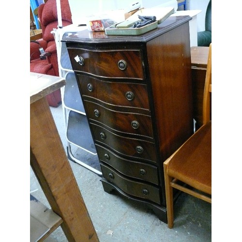 411 - BOW FRONT CHEST OF 6 DRAWERS WITH BRASS DROP RING HANDLES