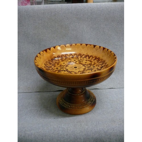 92 - WOODEN SHOU SUGI-BAN DECORATED PEDESTAL BOWL, A COPPER/BRASS JERUSALEM JUG AND AN ENAMELLED BRASS BE... 