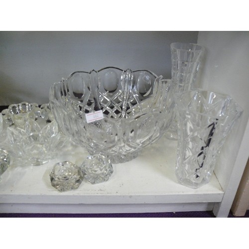 93 - LOVELY COLLECTION OF CRYSTAL CANDLE HOLDER PAIRS AND 2 HEAVY CRYSTAL BOWLS.