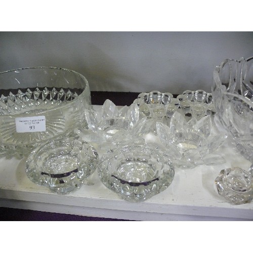 93 - LOVELY COLLECTION OF CRYSTAL CANDLE HOLDER PAIRS AND 2 HEAVY CRYSTAL BOWLS.