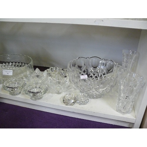 93 - LOVELY COLLECTION OF CRYSTAL CANDLE HOLDER PAIRS AND 2 HEAVY CRYSTAL BOWLS.