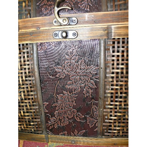 143 - RATTAN CHEST WITH HINGED LID & EMBOSSED DETAIL.