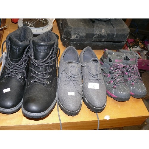 300 - TEX URBAN WEAR BLACK BOOTS BY LIVERGY SIZE 9, PAIR OF GREY SUEDE SHOES BY NEXT SIZE 6.5 AND PAIR OF ... 