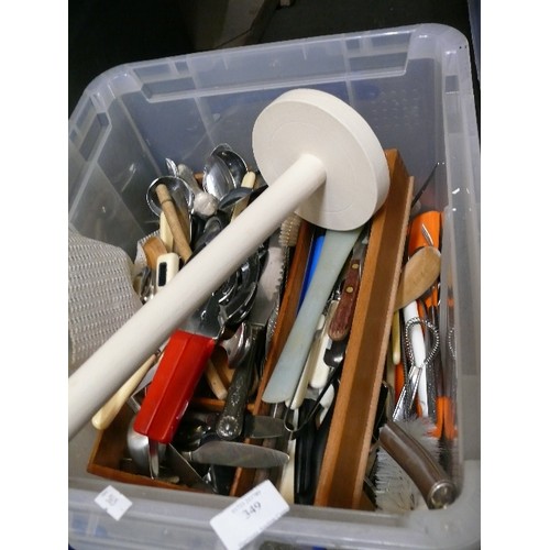 349 - CRATE OF HOUSEHOLD CUTLERY, SCISSORS, GRATERS ETC