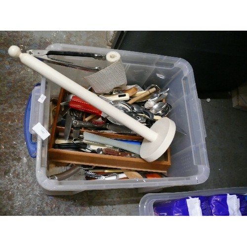 349 - CRATE OF HOUSEHOLD CUTLERY, SCISSORS, GRATERS ETC