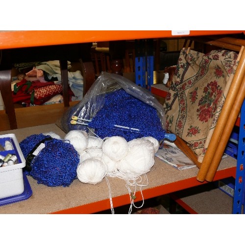 373 - SEWING BOX FULL OF COTTONS ETC. AND A QUANTITY OF WOOL IN BLUE AND WHITE WITH A STARTED SWEATER AND ... 