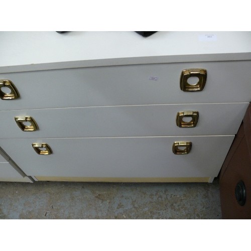 403 - WHTE MELAMINE CHEST OF 3 DRAWERS AND A MATCHING 4 DRAWER BEDSIDE CHEST