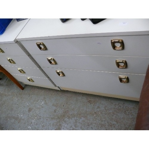 403 - WHTE MELAMINE CHEST OF 3 DRAWERS AND A MATCHING 4 DRAWER BEDSIDE CHEST