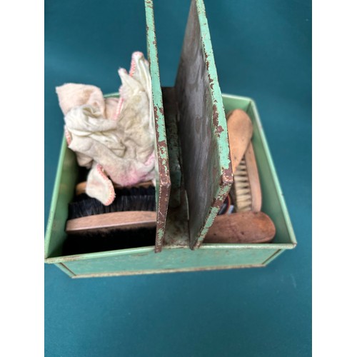 128 - 1930's tin Shoe Cleaning Box by Eve-Ware England with contents of shoe brushes and polish