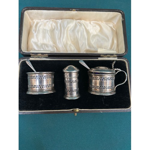 131 - A Sterling Silver three piece Condiment Set all hallmarked Birm 1927, Docker & Burn Ltd, with origin... 