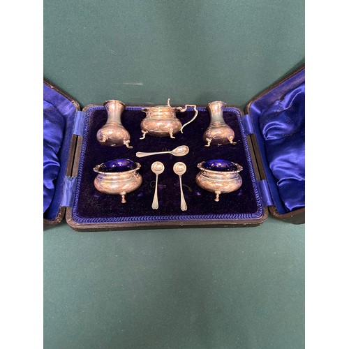 132 - A Sterling Silver 5 piece condiment set Sheffield 1909, Atkin Brothers. Georgian style on pad feet. ... 