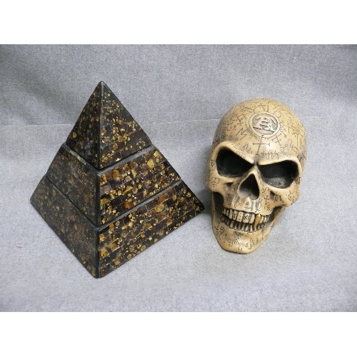 51 - THE VAULT BY ALCHEMY SKULL WITH PYRAMID SHAPED 3 LEVEL STORAGE BOX IN BLACK AND GOLD