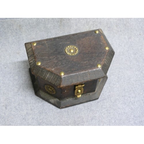 53 - SMALL WOOD AND METAL BANDED TREASURE CHEST WITH TWO MOORISH STYLE WOOD AND METAL TRINKET BOXES SHOWI... 
