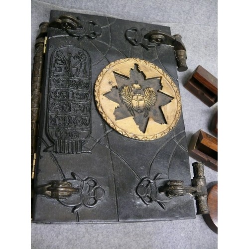56 - KEY OF HAMUNAPTRA PROP BOOK, DEAD BOOK OF THE LIVING TOGETHER WITH 7 SMALL WOOD AND BRASS LIDDED BOX... 