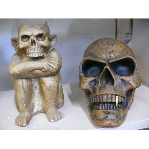 68 - A LARGE ALCHEMY SKULL WITH GOLD TOOTH PLUS A MONKEY FIGURE WITH OPEN BRAIN
