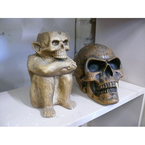 68 - A LARGE ALCHEMY SKULL WITH GOLD TOOTH PLUS A MONKEY FIGURE WITH OPEN BRAIN