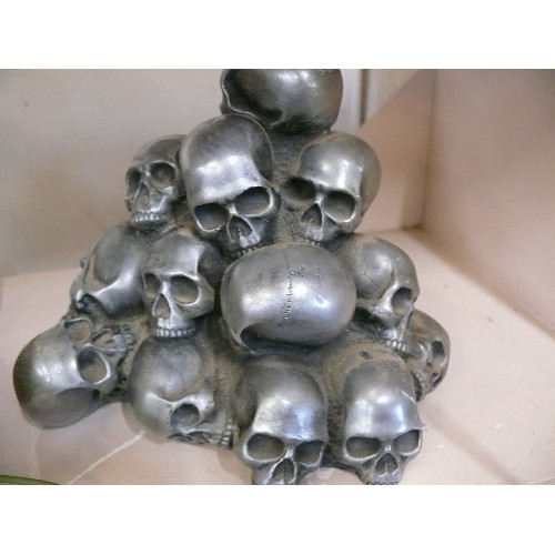 69 - A STACK OF SKULLS PLUS AN ALCHEMY SKULL WITH BLACK ROSE