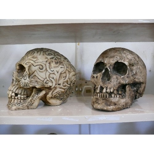 70 - A LARGE LIDDED POT SKULL PLUS A FURTHER HEAVY SKULL