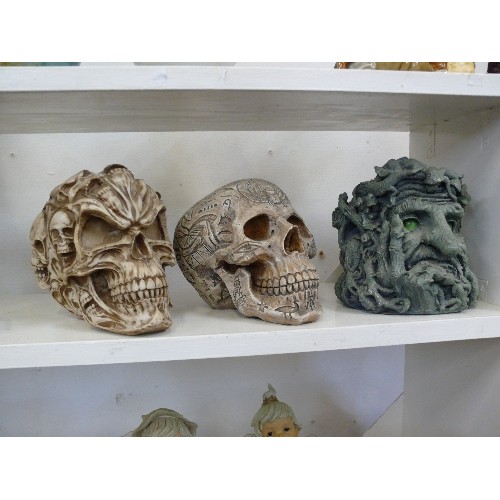84 - A JAMES RYMAN NEMESIS NOW SKULL PLUS A CARVED EGYPTIAN SKULL AND A GREEN MAN CANDLE HOLDER