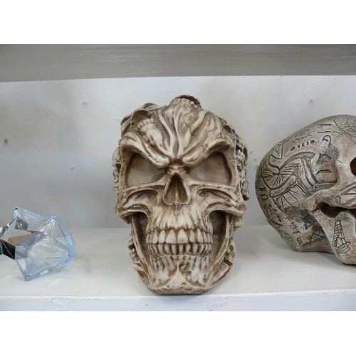 84 - A JAMES RYMAN NEMESIS NOW SKULL PLUS A CARVED EGYPTIAN SKULL AND A GREEN MAN CANDLE HOLDER