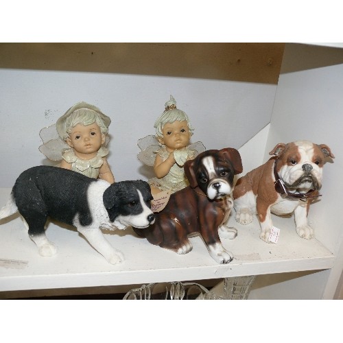85 - THREE DOG FIGURINES, ONE BY REGENCY FINE ARTS PLUS A PAIR OF FAIRY BABIES