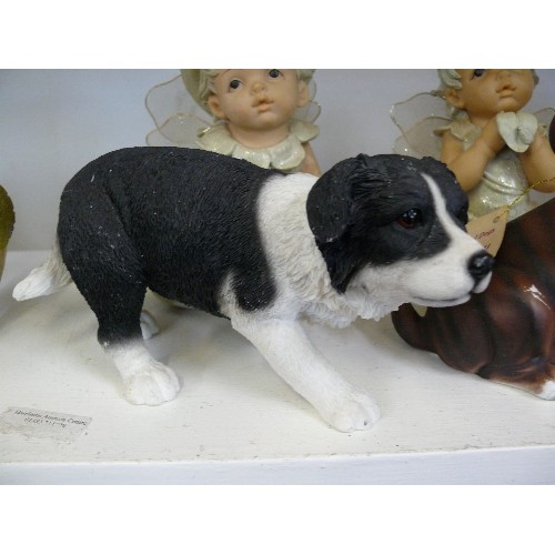 85 - THREE DOG FIGURINES, ONE BY REGENCY FINE ARTS PLUS A PAIR OF FAIRY BABIES