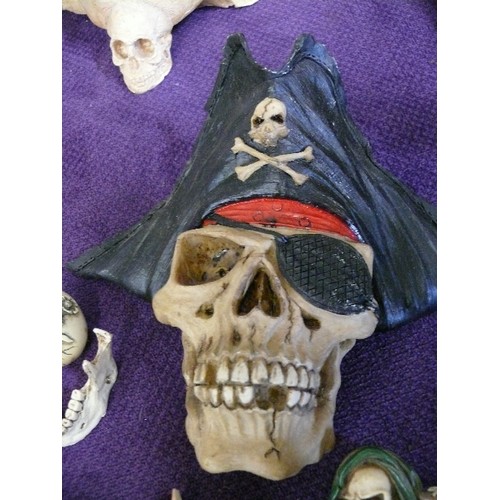 90 - A SELECTION OF SKULLS TO INCLUDE PIRATE PLAQUE, JESTER, ALIEN ETC.