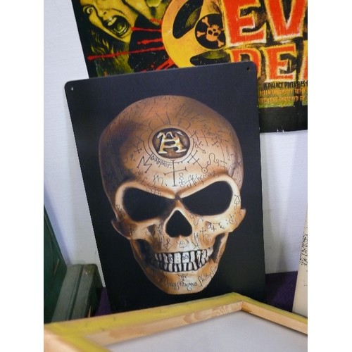 96 - AN ALCHAMEY SKULL METAL SIGN PLUS A SKULL CANVAS PICTURE, A BOOK ON TATTOO DESIGNS AND AN EVIL DEAD ... 