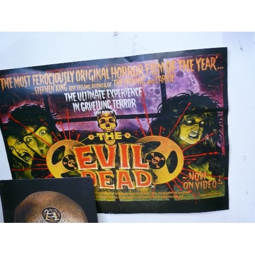 96 - AN ALCHAMEY SKULL METAL SIGN PLUS A SKULL CANVAS PICTURE, A BOOK ON TATTOO DESIGNS AND AN EVIL DEAD ... 