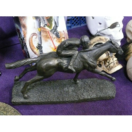 104 - JOCKEY & HORSE IN ANTIQUED PEWTER EFFECT RESIN. SOME DAMAGE TO JOCKEY.