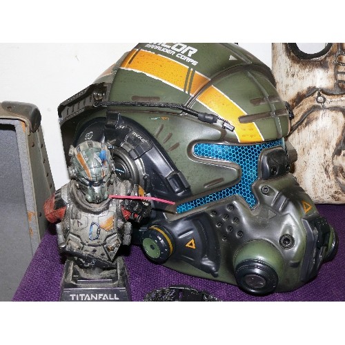 110 - A LARGE TITANFALL 2 HELMET PLUS A SMALLER FIGURE AND A BRACELET