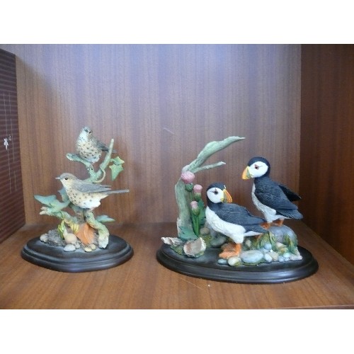 137 - PUFFIN PAIR WITH THISTLES BY COUNTRY ARTISTS PLUS A PAIR OF SONG THRUSHES WITH PLANT POT ALSO BY COU... 