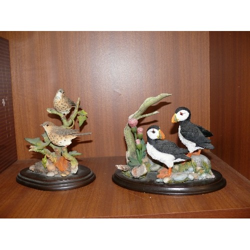 137 - PUFFIN PAIR WITH THISTLES BY COUNTRY ARTISTS PLUS A PAIR OF SONG THRUSHES WITH PLANT POT ALSO BY COU... 