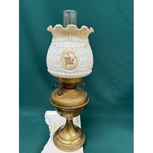 268 - Vintage Oil Lamp with Duplex burner, decorative glass shade and chimney. Needs adjustment / repair t... 