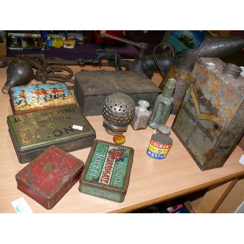 163 - A SELECTION OF VINTAGE TINS, OIL CAN, BOTTLES ETC