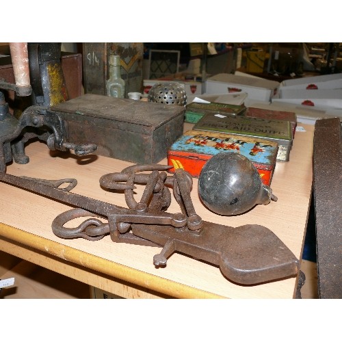 163 - A SELECTION OF VINTAGE TINS, OIL CAN, BOTTLES ETC